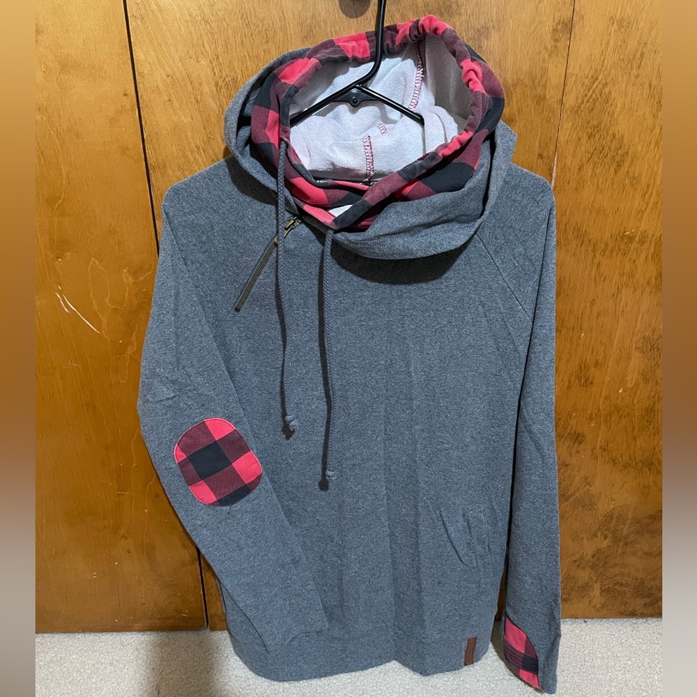 Ampersand & Avenue DoubleHood sweatshirt Grey & Red Black Buffalo Plaid Sz. M